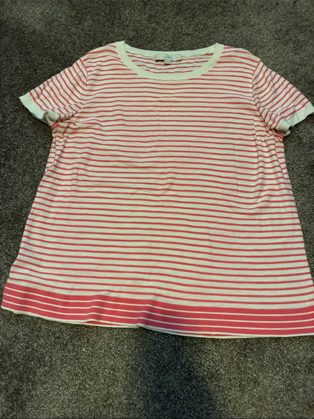LOFT Coral Pink &‎ White Striped Crewneck Tee